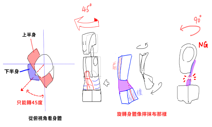 身體旋轉角度示意
